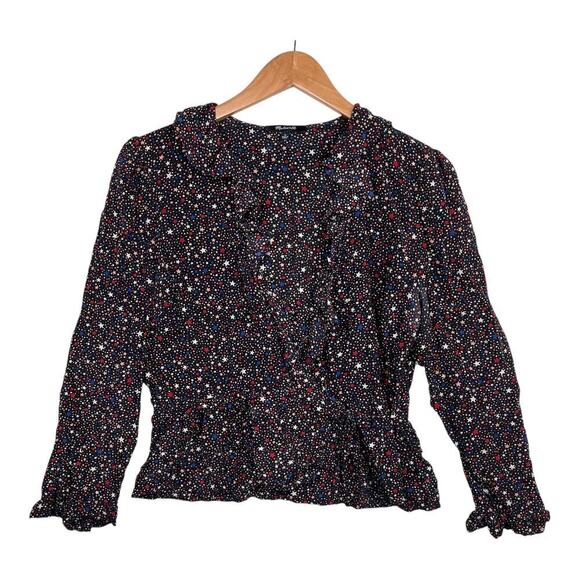 Madewell Black Silk Ruffle-Hem Wrap Top in Starry Night Women’s Size Large - Picture 1 of 10